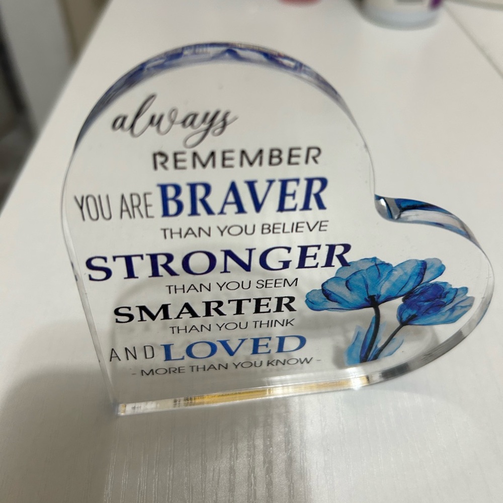Heart-Shaped Inspirational Acrylic Plaque with Blue Floral Art